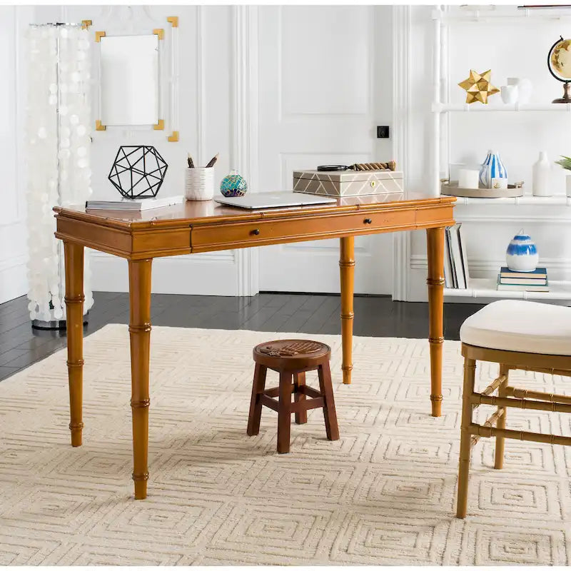 Modern Coastal Writing Desk with 1 Drawer - Bamboo-Inspired Wood Frame Office Furniture