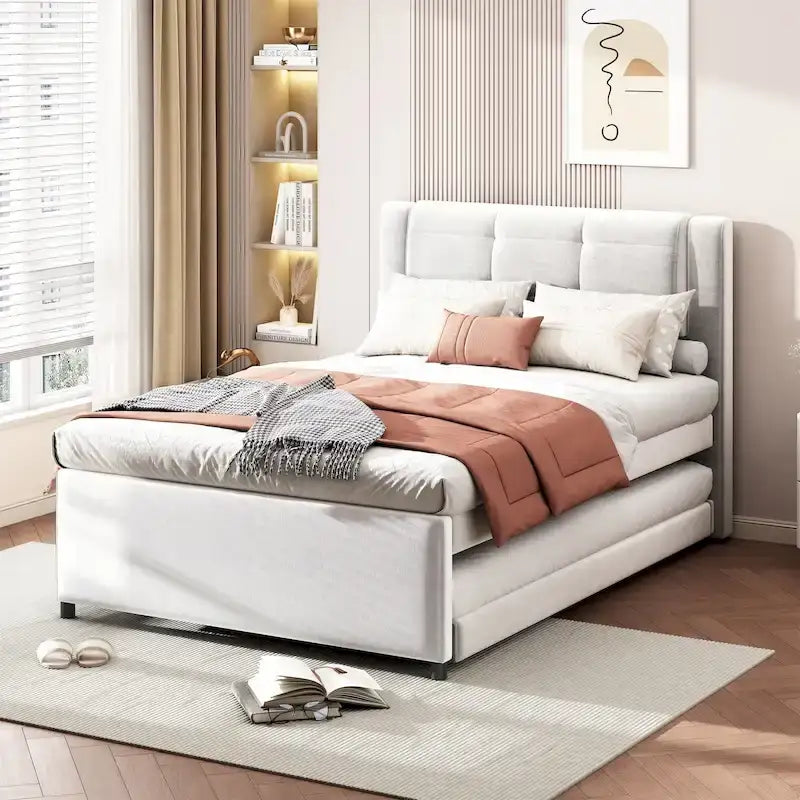 Full Size Upholstery Platform Bed with Trundle,Trundle Can be Flat or Erected, Beige
