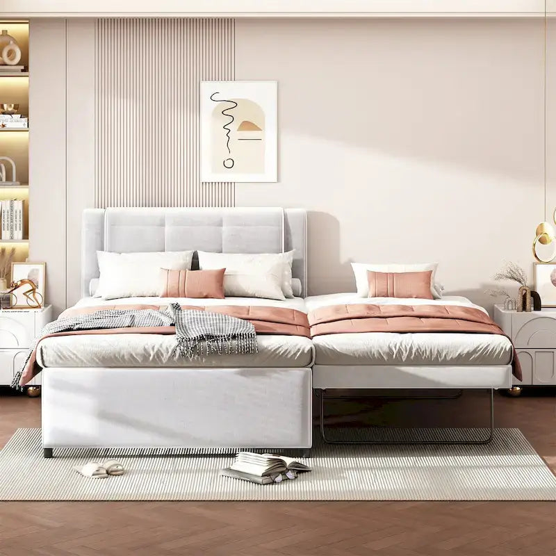 Full Size Upholstery Platform Bed with Trundle,Trundle Can be Flat or Erected, Beige