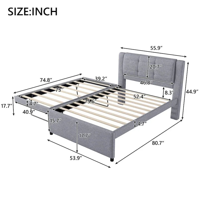 Full Size Upholstery Platform Bed with Trundle,Trundle Can be Flat or Erected, Beige