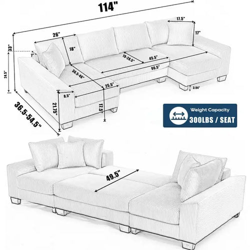 114" Corduroy Sleeper Sofa Bed U-Shaped Sectional Couch Pull-Out Convertible Wood Frame 4 Cushions 2 Pillows 300lbs Capacity