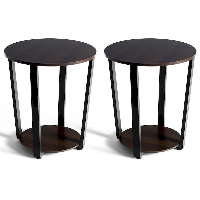Set of 2 Industrial End Tables with 2-Tier Storage - Round Side Tables 19.5" Walnut Nightstands for Living Room Bedroom