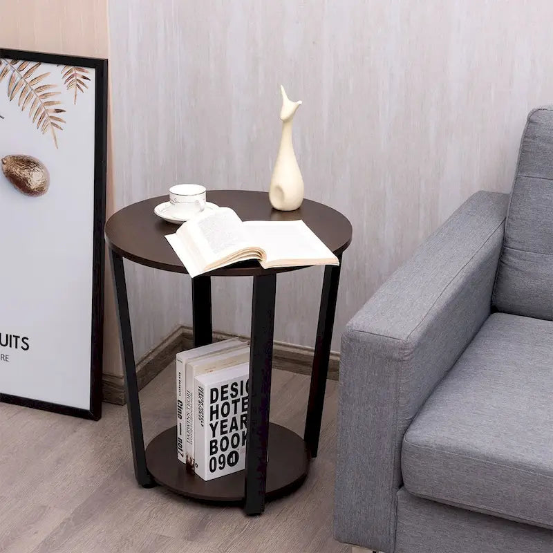 Set of 2 Industrial End Tables with 2-Tier Storage - Round Side Tables 19.5" Walnut Nightstands for Living Room Bedroom