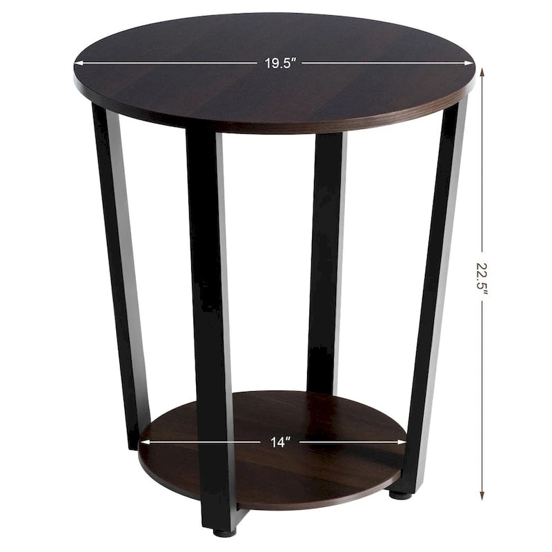 Set of 2 Industrial End Tables with 2-Tier Storage - Round Side Tables 19.5" Walnut Nightstands for Living Room Bedroom