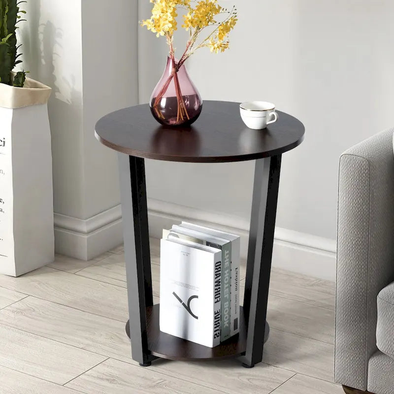 Set of 2 Industrial End Tables with 2-Tier Storage - Round Side Tables 19.5" Walnut Nightstands for Living Room Bedroom
