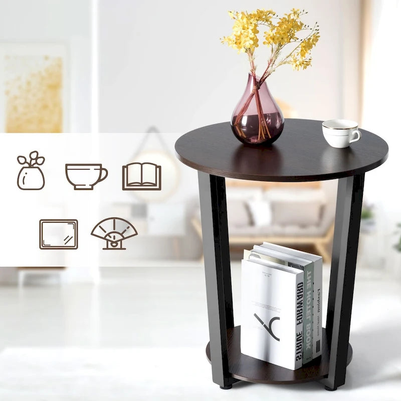 Set of 2 Industrial End Tables with 2-Tier Storage - Round Side Tables 19.5" Walnut Nightstands for Living Room Bedroom