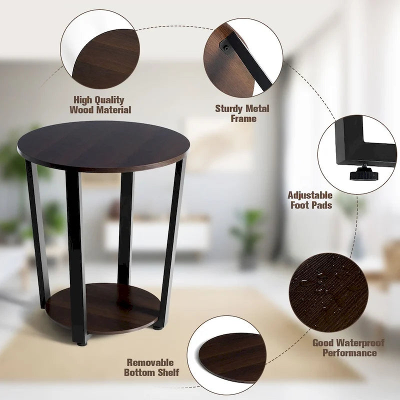 Set of 2 Industrial End Tables with 2-Tier Storage - Round Side Tables 19.5" Walnut Nightstands for Living Room Bedroom