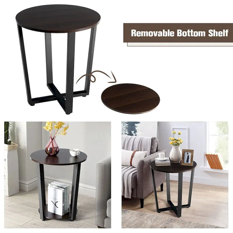 Set of 2 Industrial End Tables with 2-Tier Storage - Round Side Tables 19.5" Walnut Nightstands for Living Room Bedroom