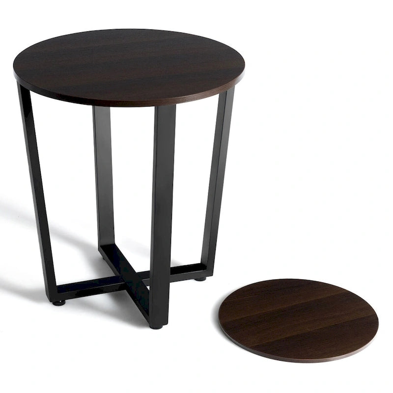 Set of 2 Industrial End Tables with 2-Tier Storage - Round Side Tables 19.5" Walnut Nightstands for Living Room Bedroom