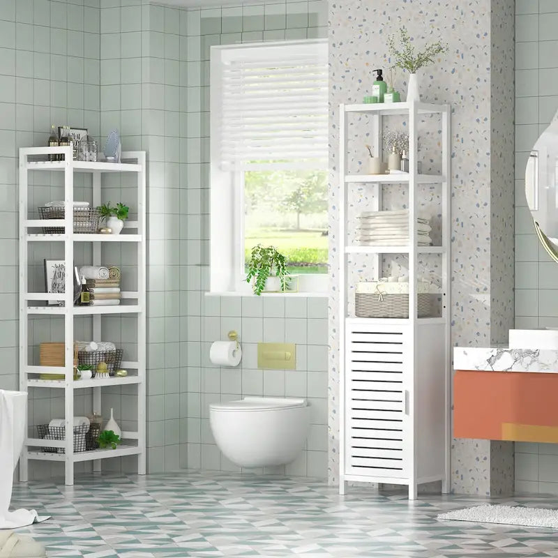 Bamboo Narrow Bathroom Storage Cabinet, 6-Tier 67 Inch Tall Floor Standing Tower with Shutter Door and Open Shelves