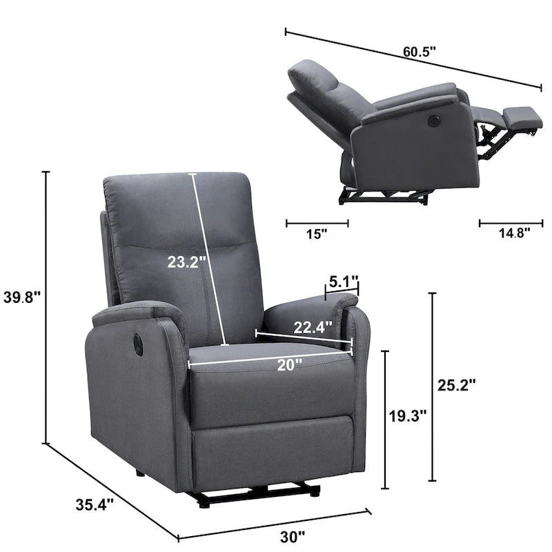 Power Recliner Chair with USB Charging Port - Dark Gray Plush Single Seat for Living Room & Bedroom - 280 lbs Capacity