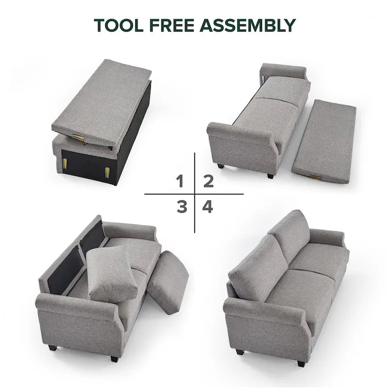 Upholstered 3-Seater Sofa with Rounded Arms | 78"L Woven Fabric Couch | Tool-Free Assembly | 750 lbs Capacity | Beige/Grey Options