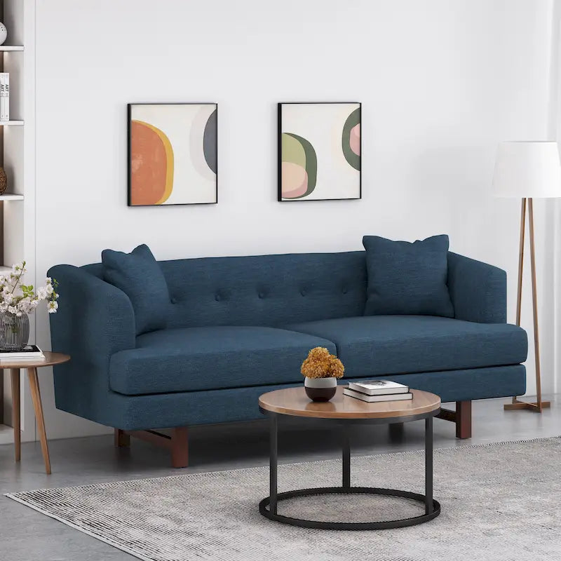 3-Seater Upholstered Sofa Mid-Century Modern Design Birch Wood Legs 73.5"W x 30.25"D x 29.25"H Living Room Furniture with Accent Pillows