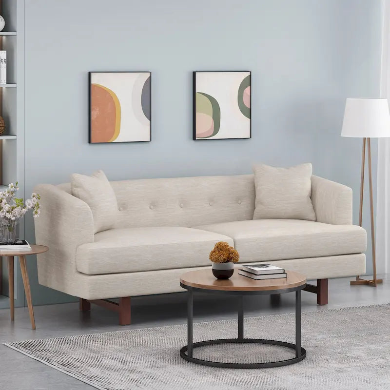 3-Seater Upholstered Sofa Mid-Century Modern Design Birch Wood Legs 73.5"W x 30.25"D x 29.25"H Living Room Furniture with Accent Pillows