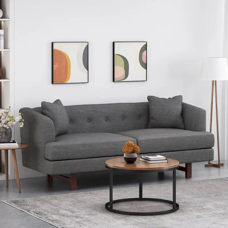 3-Seater Upholstered Sofa Mid-Century Modern Design Birch Wood Legs 73.5"W x 30.25"D x 29.25"H Living Room Furniture with Accent Pillows