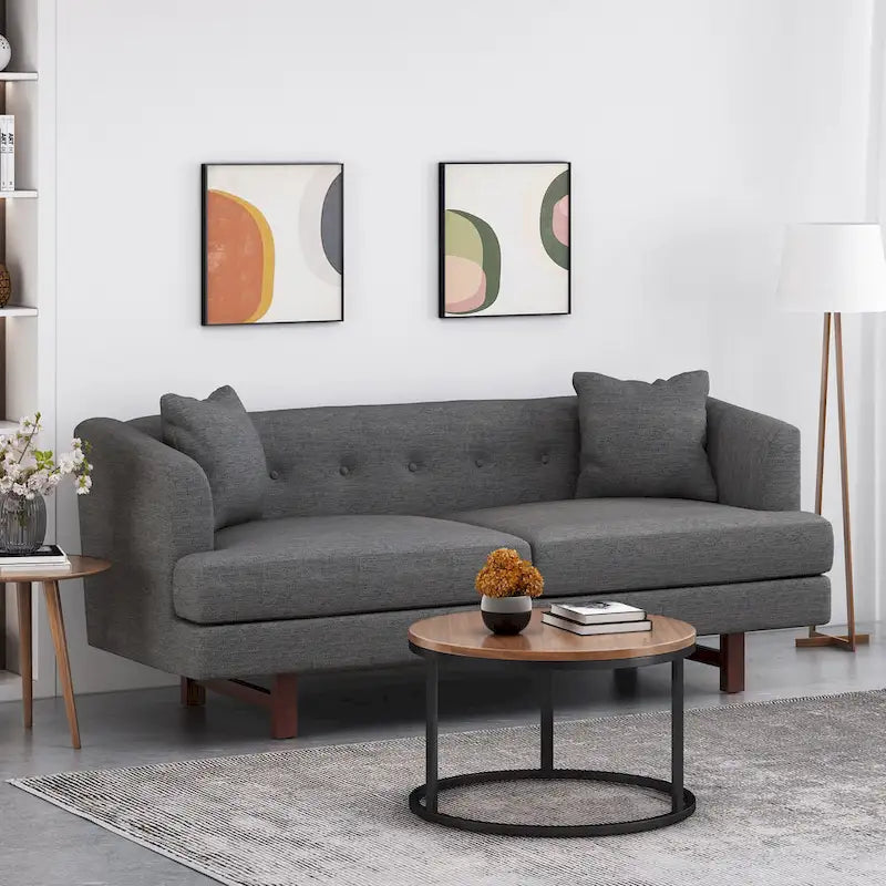 3-Seater Upholstered Sofa Mid-Century Modern Design Birch Wood Legs 73.5"W x 30.25"D x 29.25"H Living Room Furniture with Accent Pillows