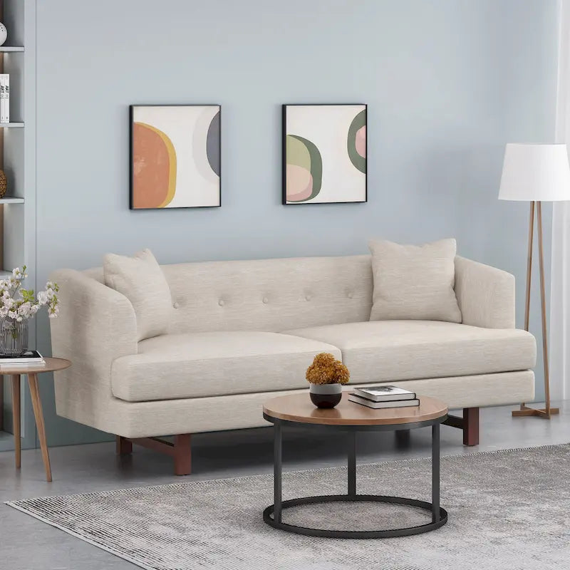 3-Seater Upholstered Sofa Mid-Century Modern Design Birch Wood Legs 73.5"W x 30.25"D x 29.25"H Living Room Furniture with Accent Pillows