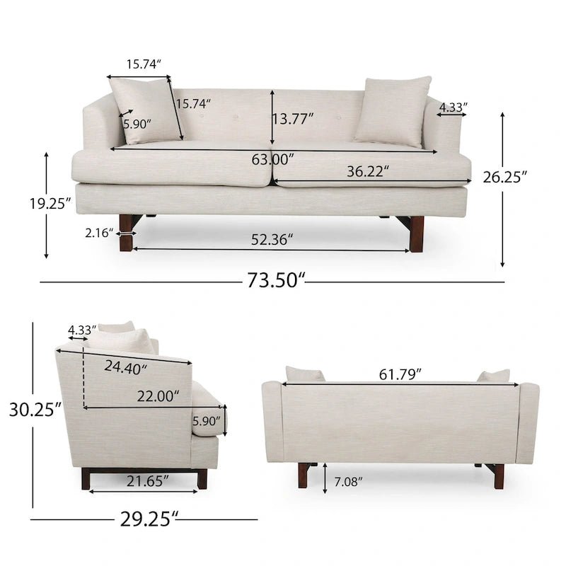 3-Seater Upholstered Sofa Mid-Century Modern Design Birch Wood Legs 73.5"W x 30.25"D x 29.25"H Living Room Furniture with Accent Pillows