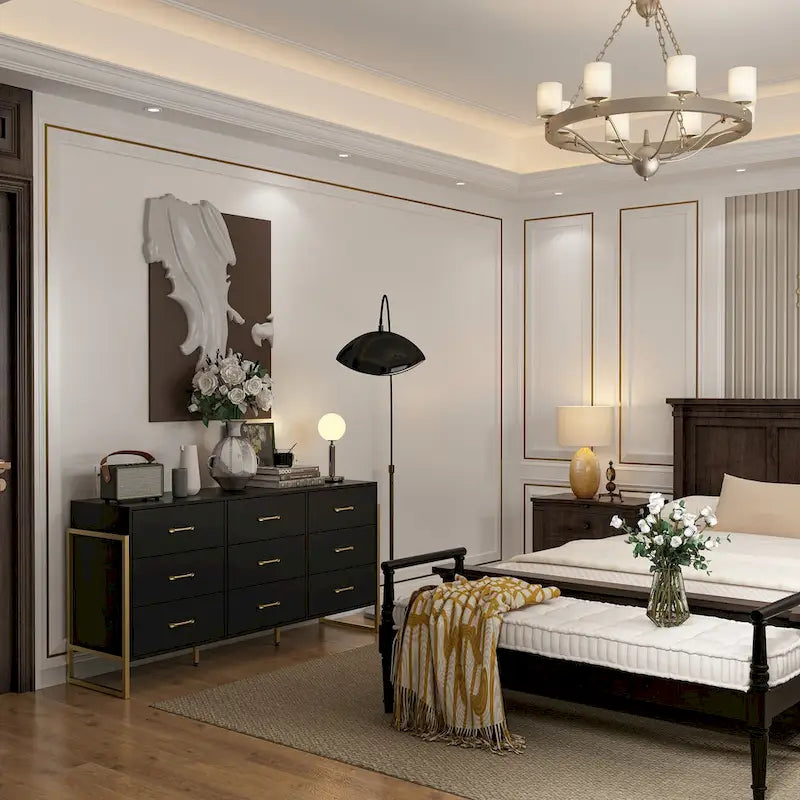 Elegant 9-Drawer Dresser with Gold Accents - Black Stripe Finish Chest