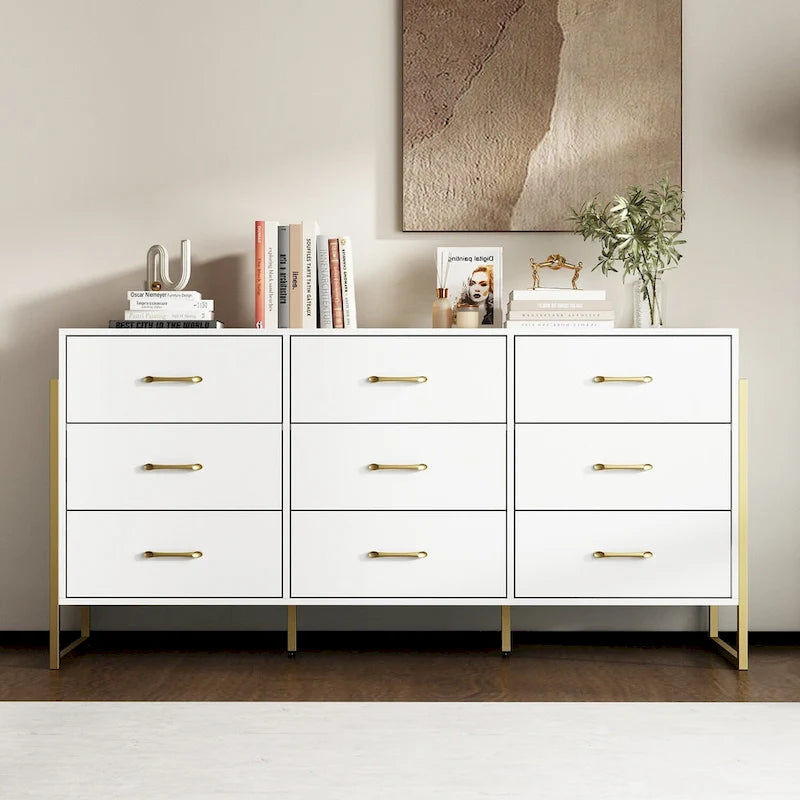 Elegant 9-Drawer Dresser with Gold Accents - Black Stripe Finish Chest
