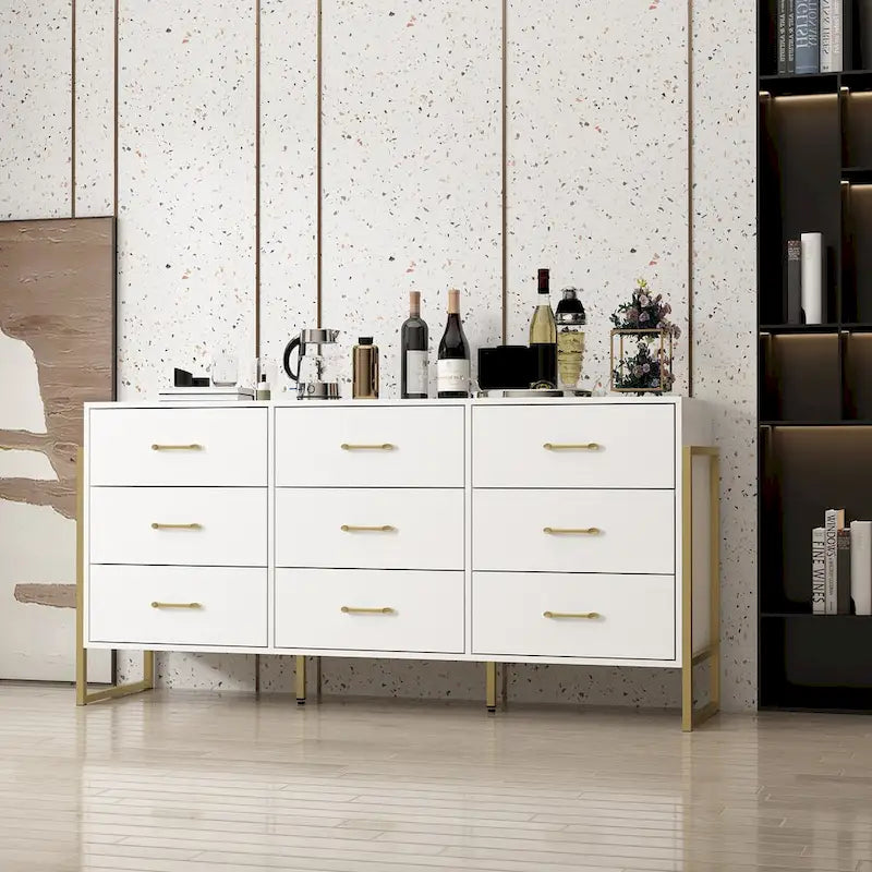 Elegant 9-Drawer Dresser with Gold Accents - Black Stripe Finish Chest