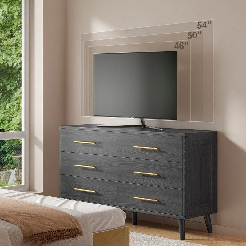 Wood 6 Drawer Double Dresser, Chest Of Drawers Cabinet, TV Stand for Bedroom, Livingroom and Enterway