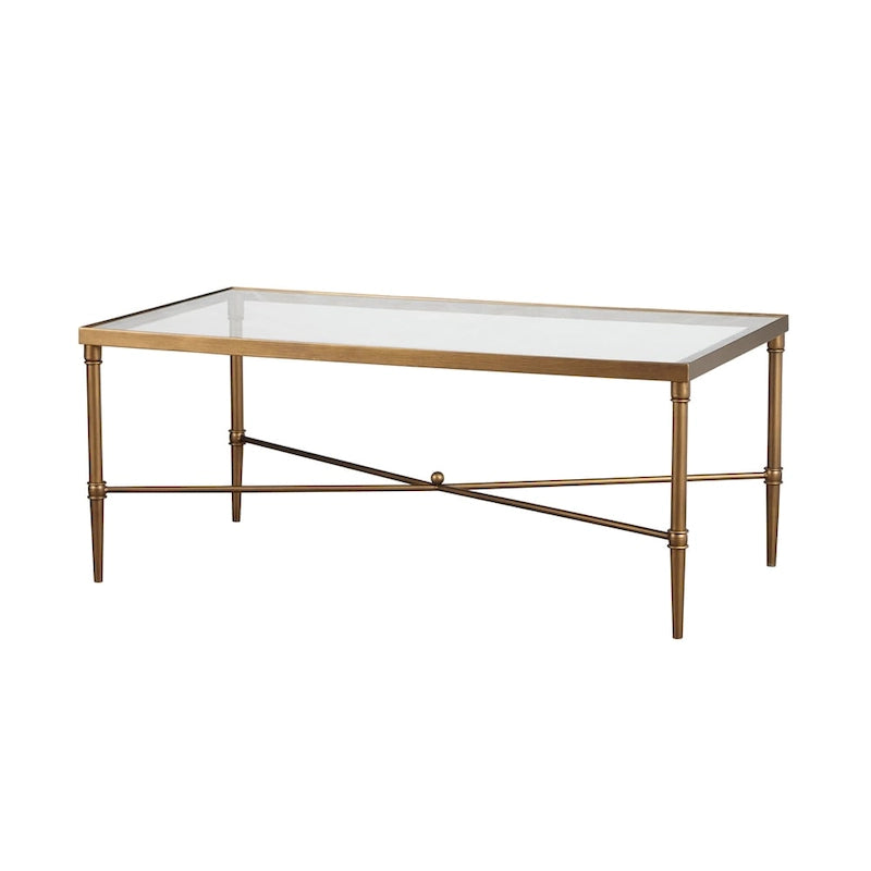 Modern Glam Coffee Table Bronze Metal Frame Tempered Glass Top 44"W x 24"D x 18.25"H X-Shaped Support Living Room Furniture