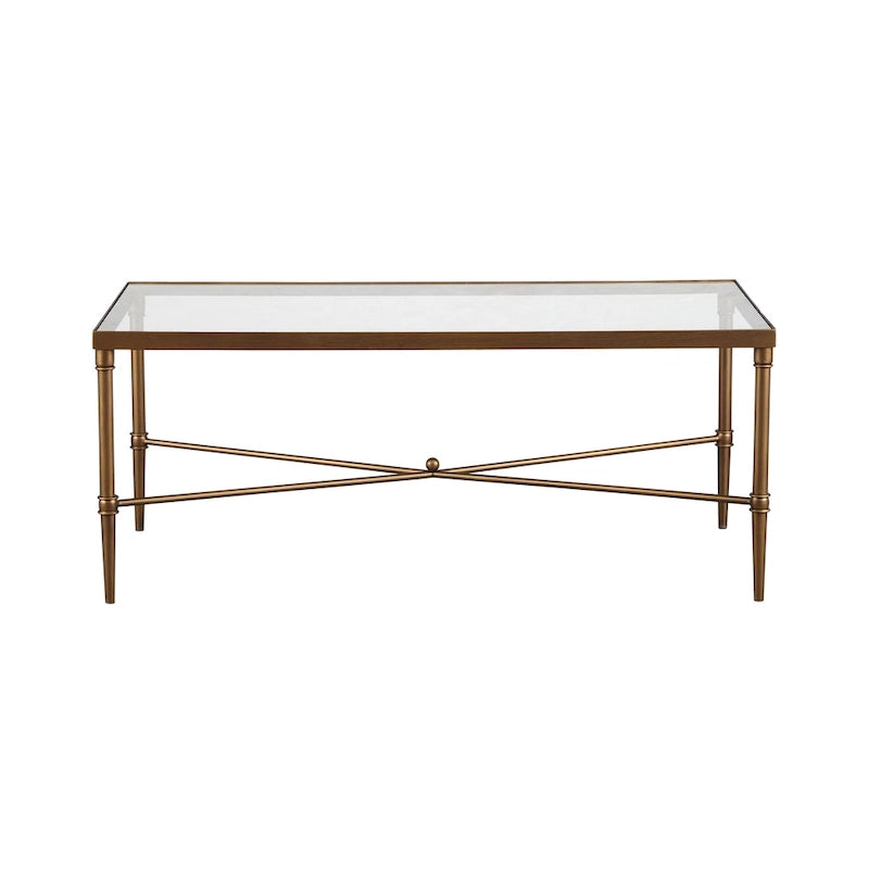 Modern Glam Coffee Table Bronze Metal Frame Tempered Glass Top 44"W x 24"D x 18.25"H X-Shaped Support Living Room Furniture