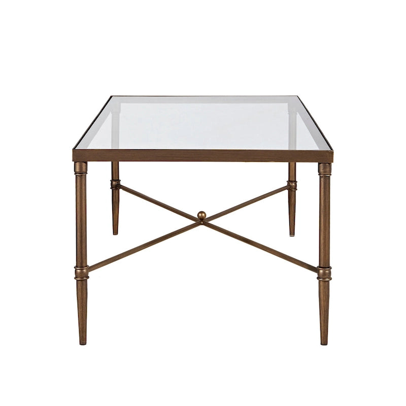 Modern Glam Coffee Table Bronze Metal Frame Tempered Glass Top 44"W x 24"D x 18.25"H X-Shaped Support Living Room Furniture
