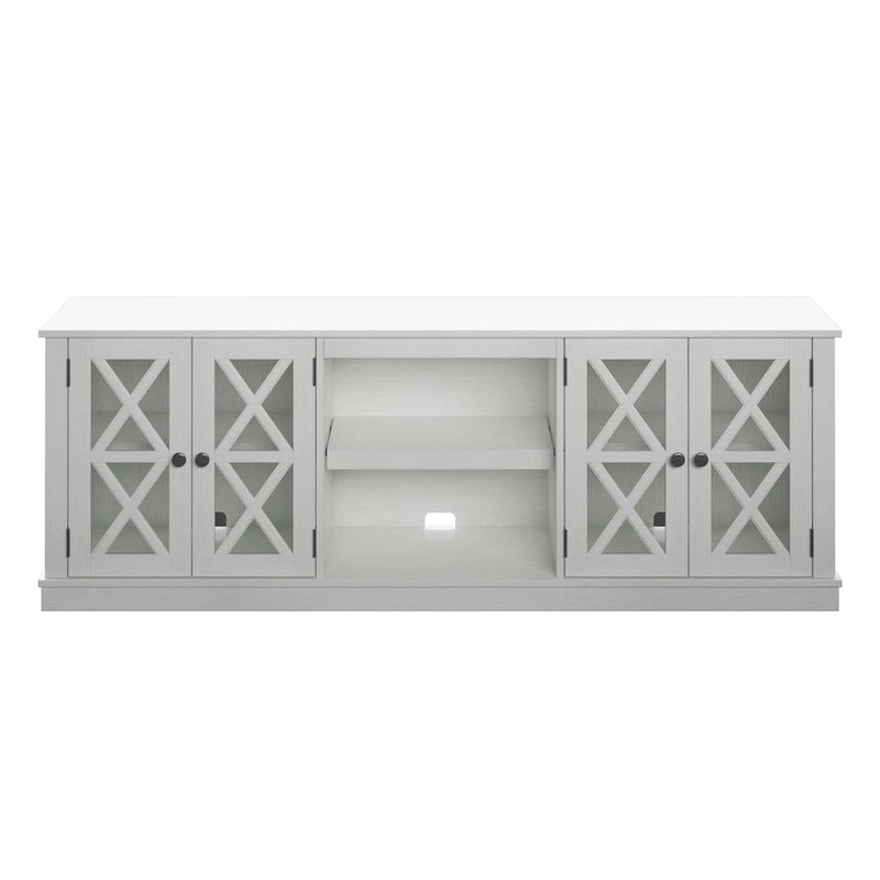 TV Stand for 80" TVs up to 90lbs - Farmhouse Style with Barn Doors, 2 Cabinets, Adjustable Shelves, Cable Management - White Entertainment Center