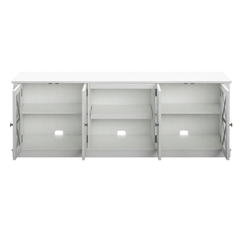 TV Stand for 80" TVs up to 90lbs - Farmhouse Style with Barn Doors, 2 Cabinets, Adjustable Shelves, Cable Management - White Entertainment Center