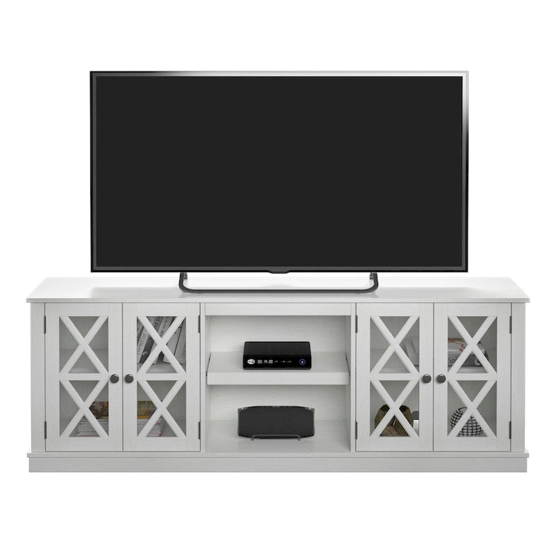 TV Stand for 80" TVs up to 90lbs - Farmhouse Style with Barn Doors, 2 Cabinets, Adjustable Shelves, Cable Management - White Entertainment Center