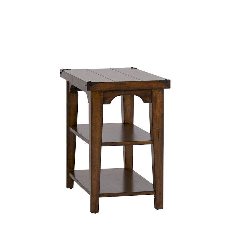 Russet Brown Chair Side Table Pine Wood 2 Open Shelves Metal Accents Planked Top Tapered Legs 16.25"W x 27.25"L x 25.25"H Rustic