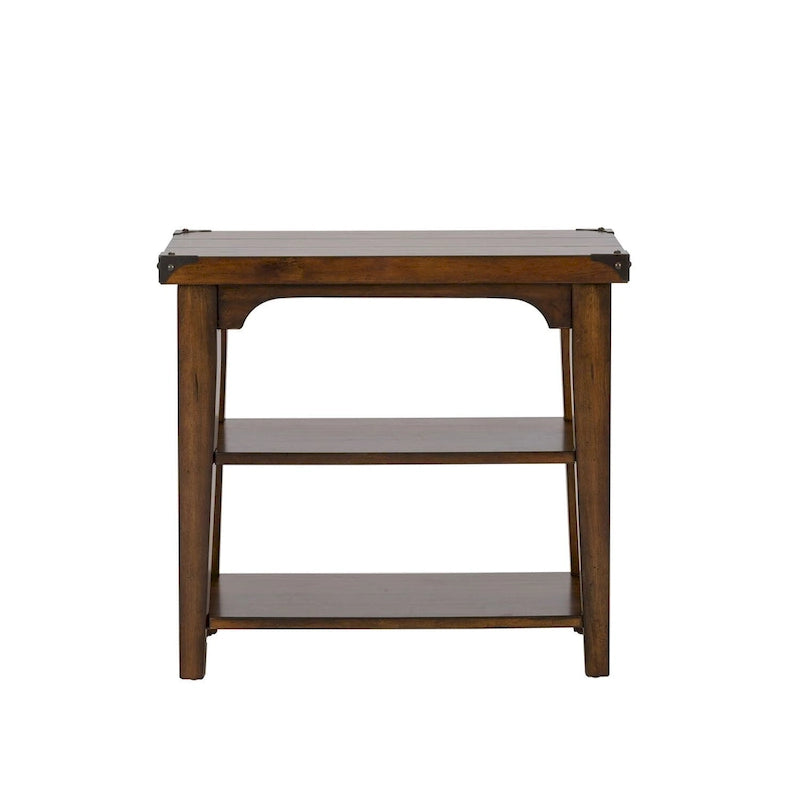 Russet Brown Chair Side Table Pine Wood 2 Open Shelves Metal Accents Planked Top Tapered Legs 16.25"W x 27.25"L x 25.25"H Rustic