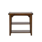 Russet Brown Chair Side Table Pine Wood 2 Open Shelves Metal Accents Planked Top Tapered Legs 16.25"W x 27.25"L x 25.25"H Rustic