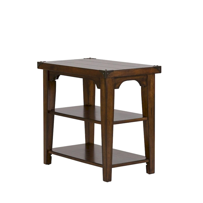 Russet Brown Chair Side Table Pine Wood 2 Open Shelves Metal Accents Planked Top Tapered Legs 16.25"W x 27.25"L x 25.25"H Rustic