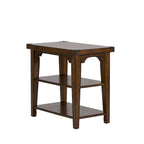 Russet Brown Chair Side Table Pine Wood 2 Open Shelves Metal Accents Planked Top Tapered Legs 16.25"W x 27.25"L x 25.25"H Rustic