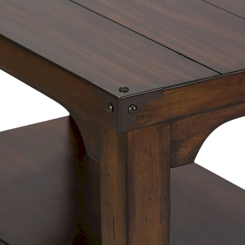 Russet Brown Chair Side Table Pine Wood 2 Open Shelves Metal Accents Planked Top Tapered Legs 16.25"W x 27.25"L x 25.25"H Rustic
