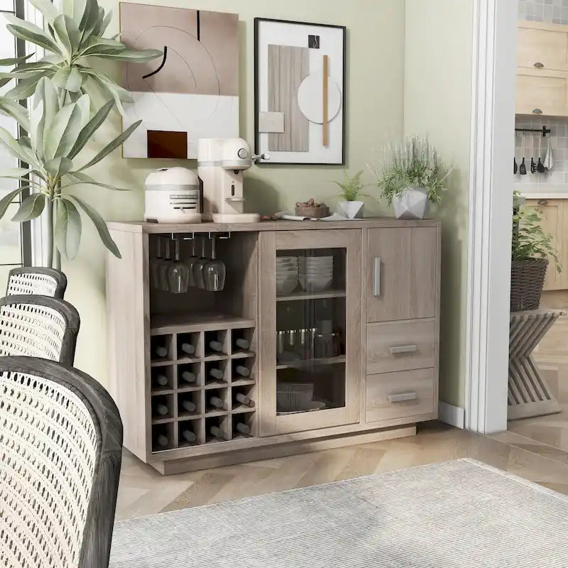 Modern Wooden Dining Buffet with Wine Rack, 16-Bottle Storage, 2 Drawers, Sliding Door, Cappuccino Finish, 47.25"W x 32.75"H