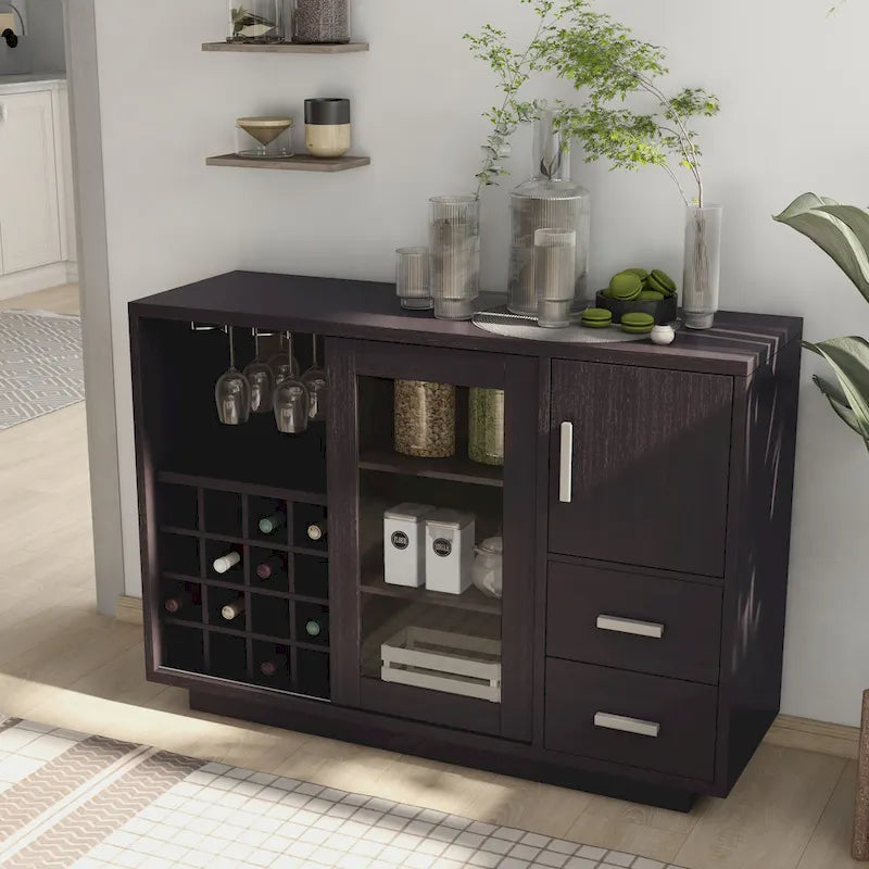 Modern Wooden Dining Buffet with Wine Rack, 16-Bottle Storage, 2 Drawers, Sliding Door, Cappuccino Finish, 47.25"W x 32.75"H