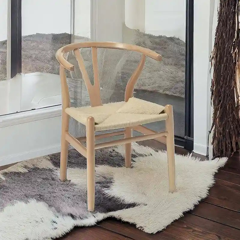 Solid Wood Dining Chair Set of 4 - Woven Seat Danish Design - Natural Wood Frame Kitchen Chairs