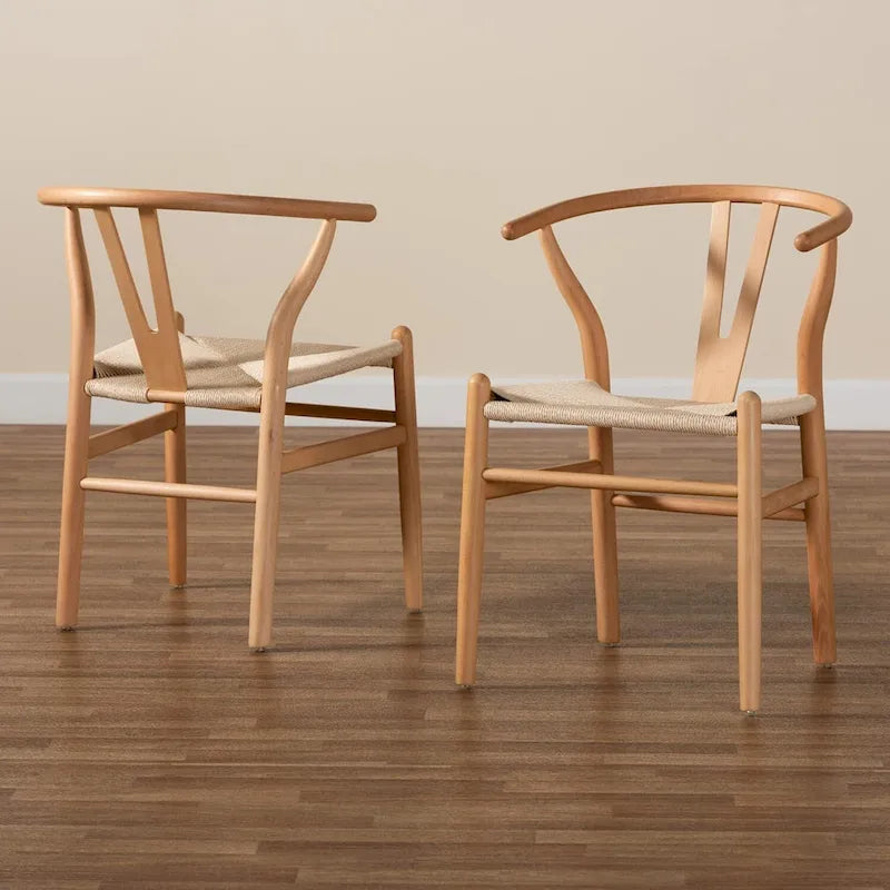 Solid Wood Dining Chair Set of 4 - Woven Seat Danish Design - Natural Wood Frame Kitchen Chairs