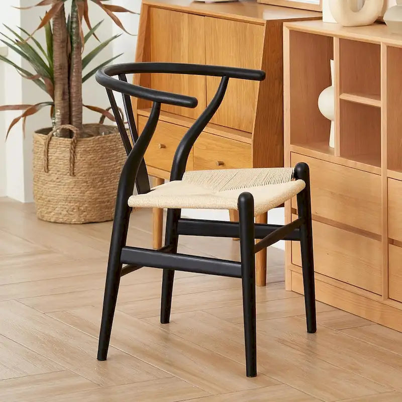 Solid Wood Dining Chair Set of 4 - Woven Seat Danish Design - Natural Wood Frame Kitchen Chairs