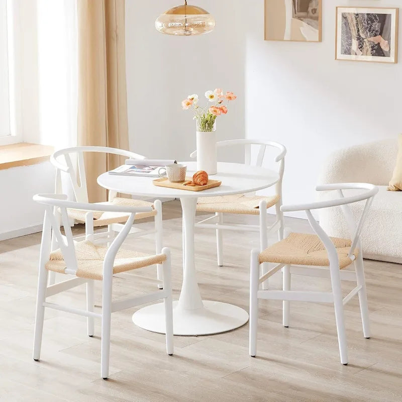 Solid Wood Dining Chair Set of 4 - Woven Seat Danish Design - Natural Wood Frame Kitchen Chairs