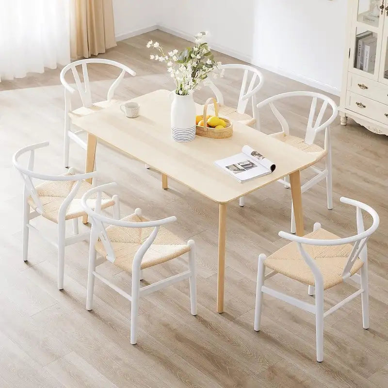 Solid Wood Dining Chair Set of 4 - Woven Seat Danish Design - Natural Wood Frame Kitchen Chairs