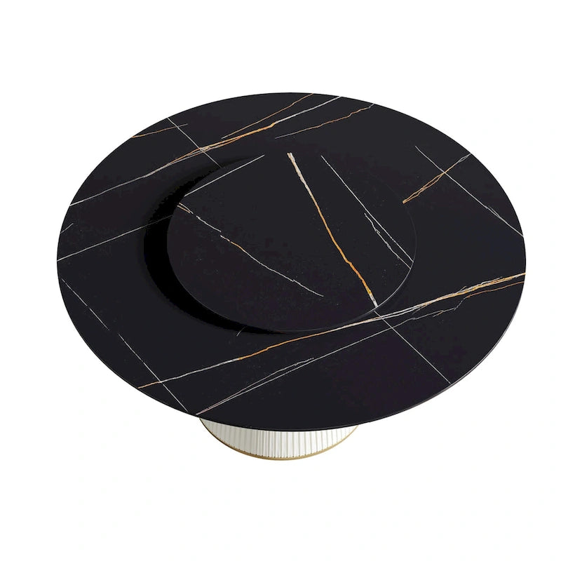 59 Modern Round Dining Table for 8, Black Sintered Stone Tabletop with Lazy Susan