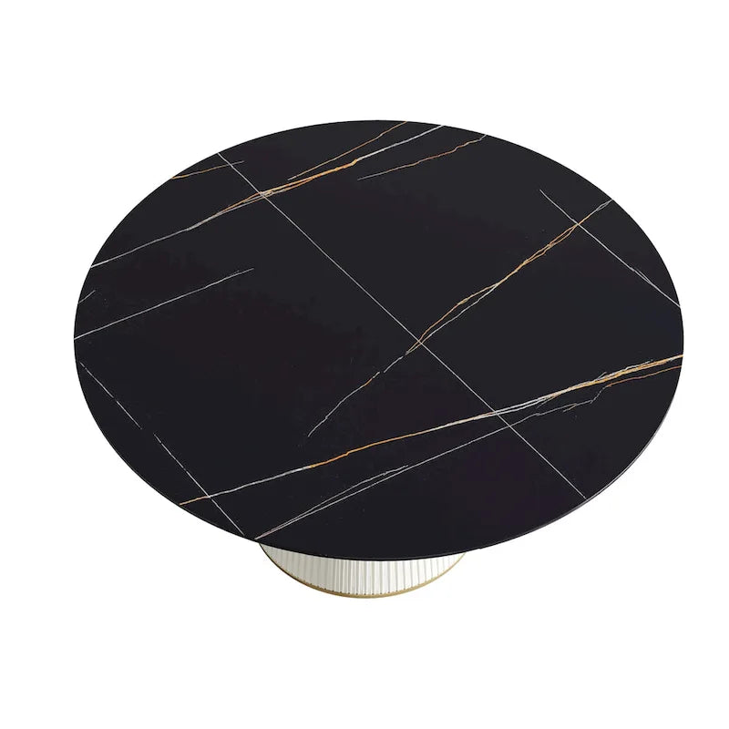 59 Modern Round Dining Table for 8, Black Sintered Stone Tabletop with Lazy Susan