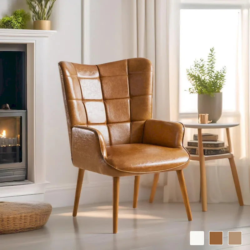 High-Back Tufted Accent Chair | Faux Leather Wingback | Solid Wood Frame | Ergonomic Armrests | 300 lbs Capacity | 37"H x 24.4"W