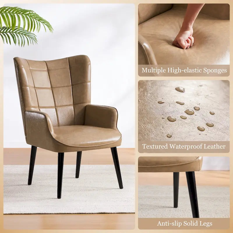High-Back Tufted Accent Chair | Faux Leather Wingback | Solid Wood Frame | Ergonomic Armrests | 300 lbs Capacity | 37"H x 24.4"W