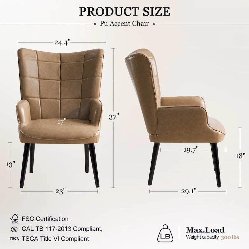 High-Back Tufted Accent Chair | Faux Leather Wingback | Solid Wood Frame | Ergonomic Armrests | 300 lbs Capacity | 37"H x 24.4"W